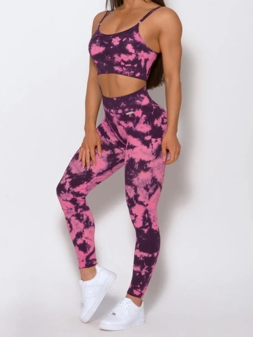 NWOT 2pc Set BOMBSHELL Seamless Bra & Leggings Tie Dye Crystal Neon Pink M/L/XL